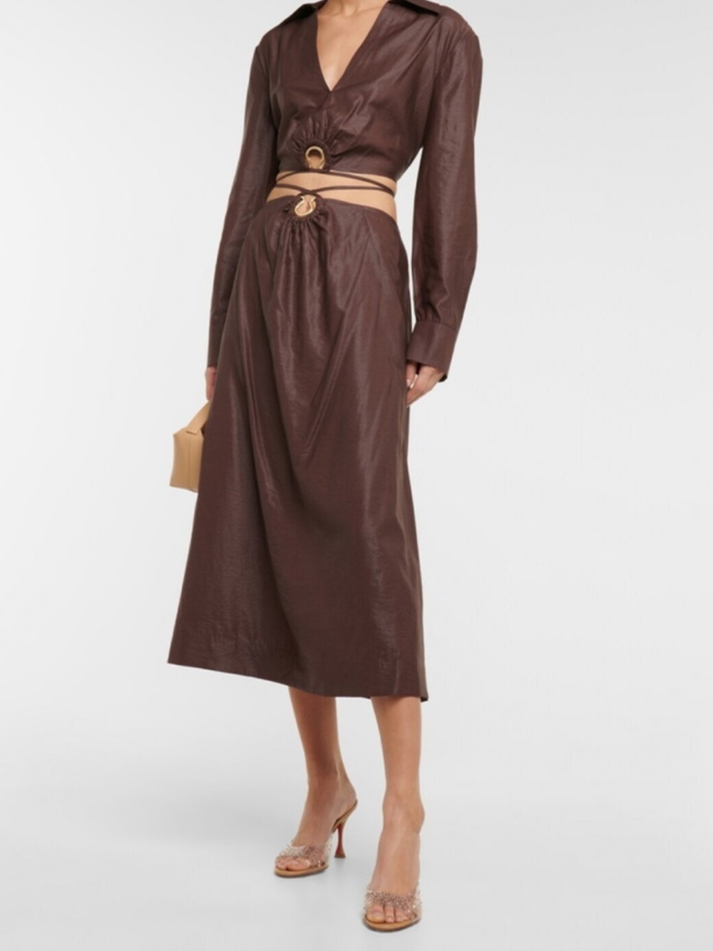 Jonathan Simkhai Mikah Brown Midi Skirt Gold Ring ties swim $295 S
